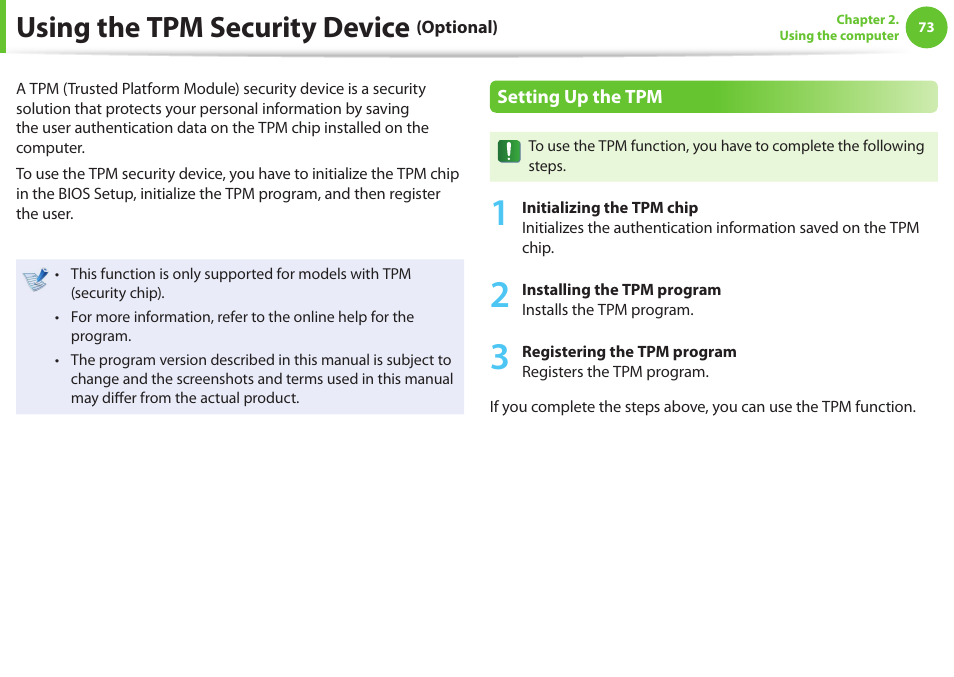 Using the tpm security device (optional), Using the tpm security device | Samsung NP600B4C-A01US User Manual | Page 74 / 143