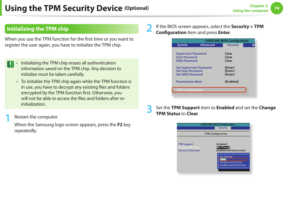 Using the tpm security device, Initializing the tpm chip, Optional) | Samsung NP600B4C-A01US User Manual | Page 75 / 143