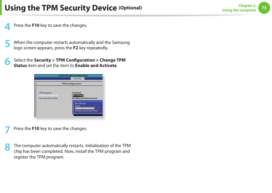 Using the tpm security device | Samsung NP600B4C-A01US User Manual | Page 76 / 143
