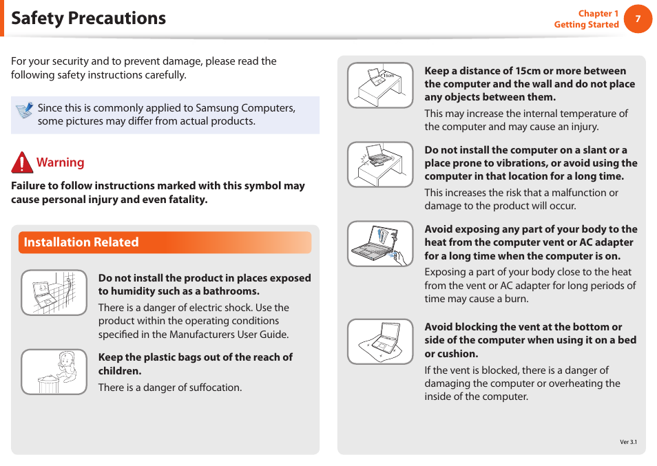 Safety precautions, Installation related, Warning | Samsung NP600B4C-A01US User Manual | Page 8 / 143