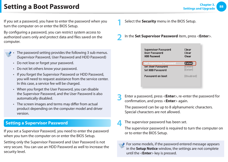 Setting a boot password | Samsung NP600B4C-A01US User Manual | Page 89 / 143