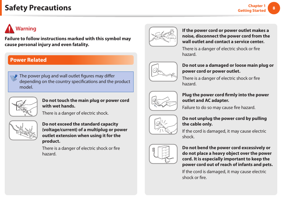 Safety precautions, Power related, Warning | Samsung NP600B4C-A01US User Manual | Page 9 / 143