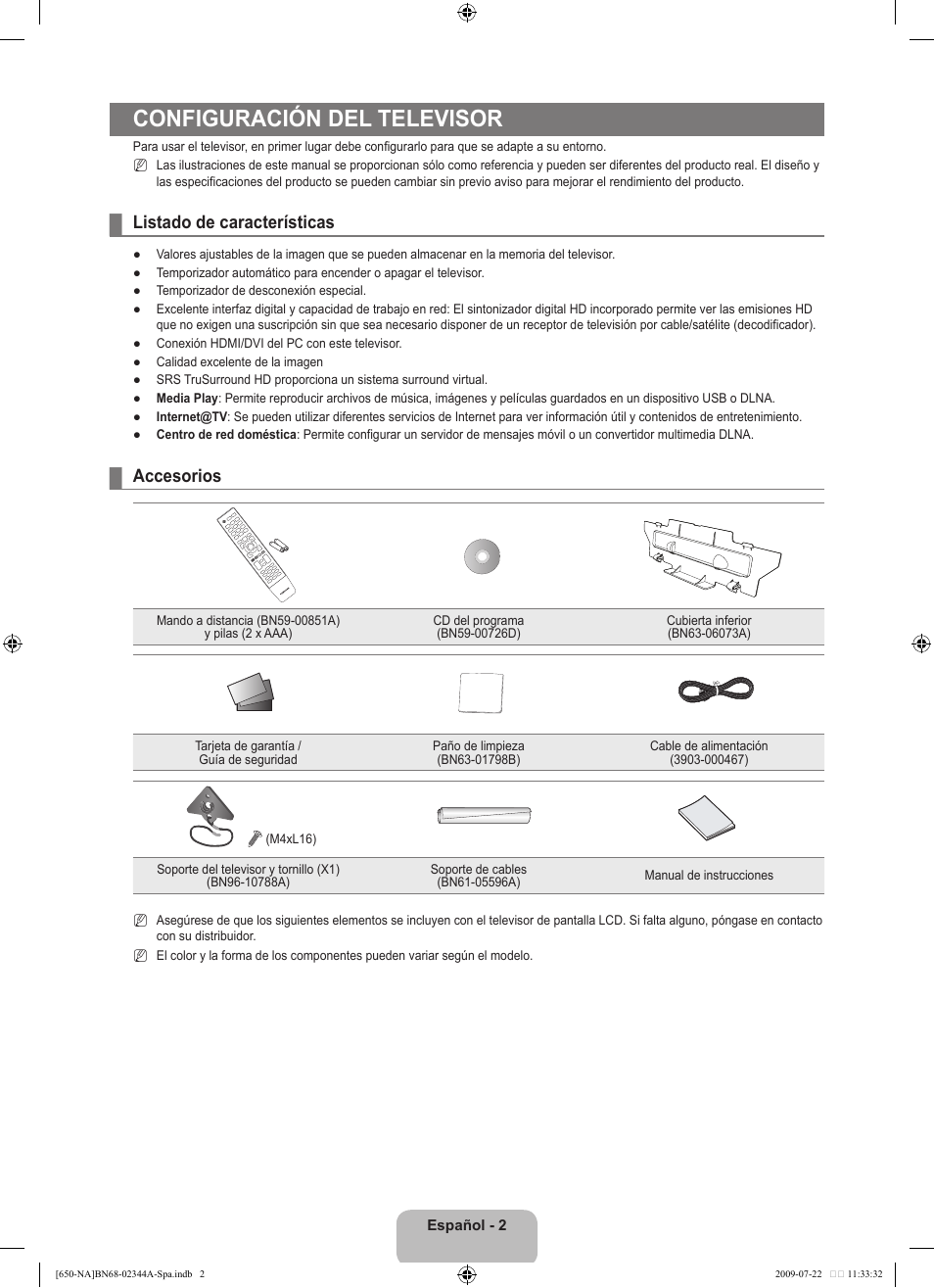 Configuración del televisor, Listado de características, Accesorios | Samsung LN65B650X1FXZA User Manual | Page 108 / 286