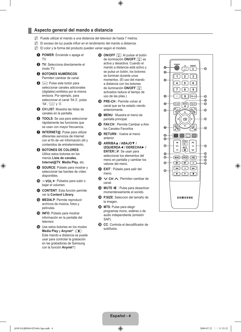 Aspecto general del mando a distancia | Samsung LN65B650X1FXZA User Manual | Page 110 / 286