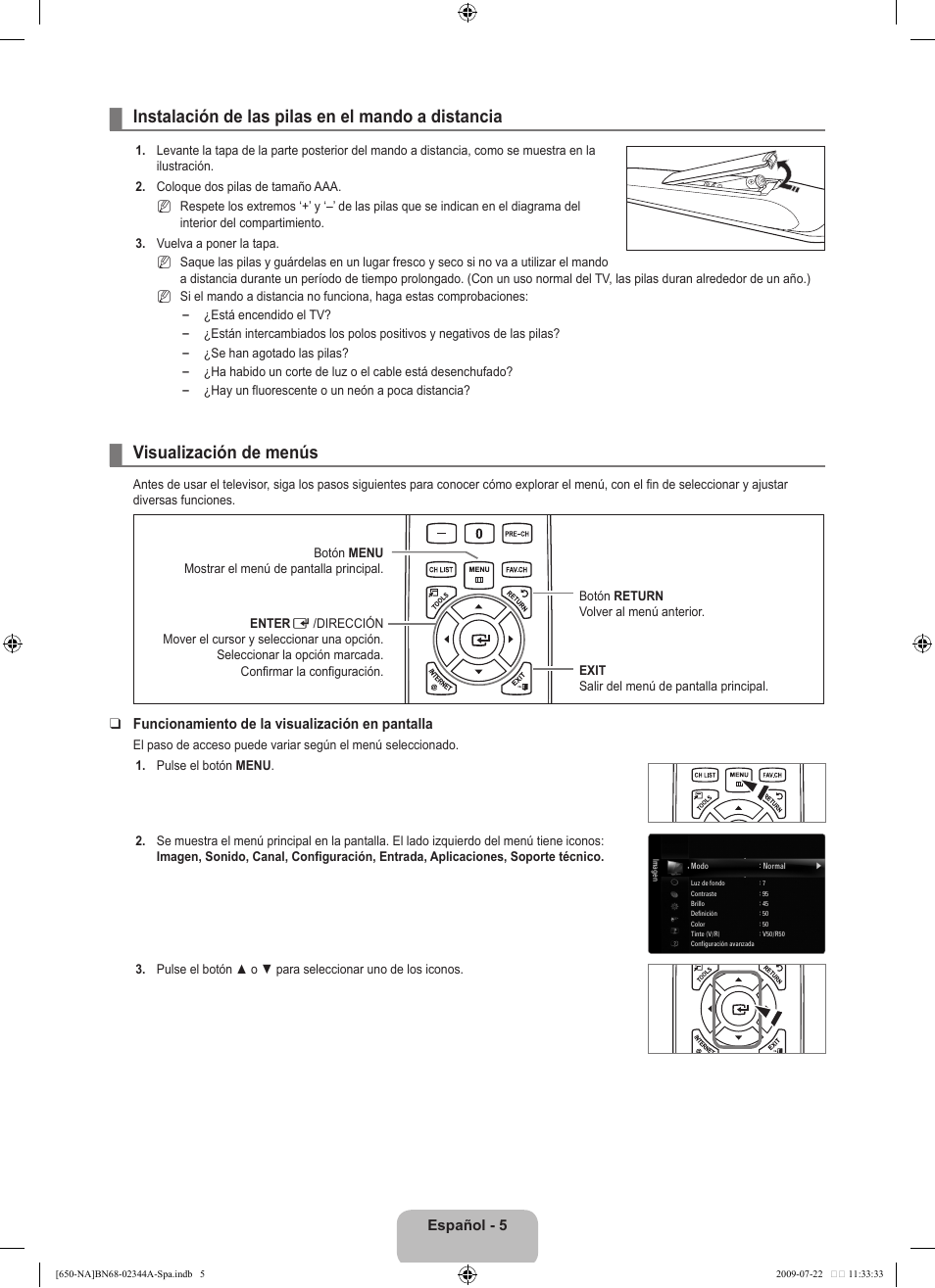 Instalación de las pilas en el mando a distancia, Visualización de menús | Samsung LN65B650X1FXZA User Manual | Page 111 / 286