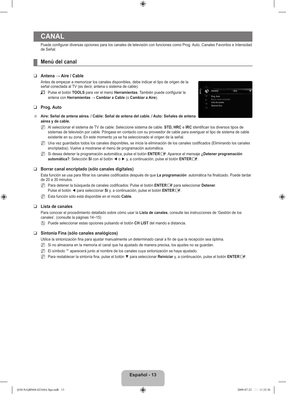 Canal, Menú del canal | Samsung LN65B650X1FXZA User Manual | Page 119 / 286