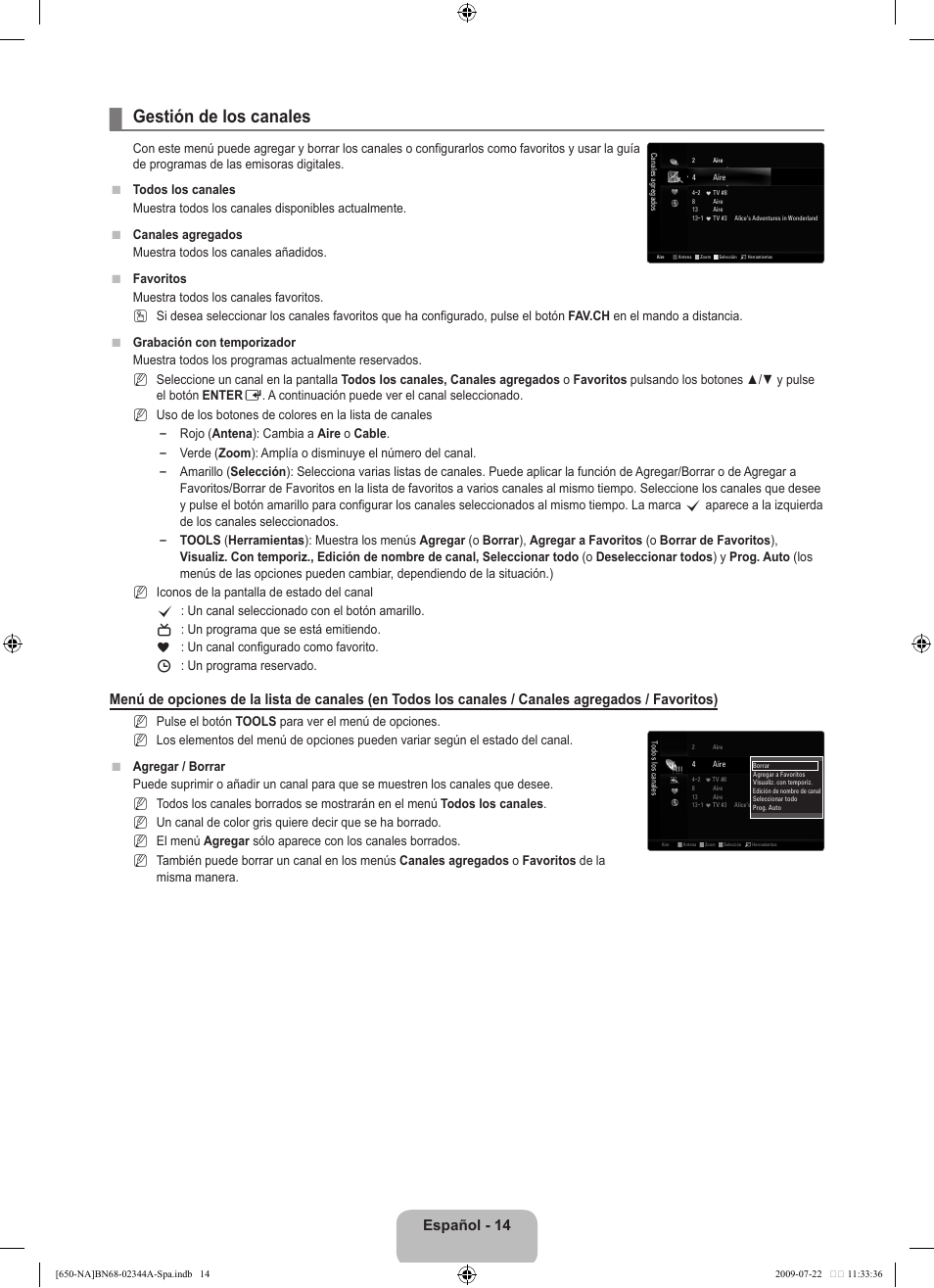 Gestión de los canales, Español - 14 | Samsung LN65B650X1FXZA User Manual | Page 120 / 286