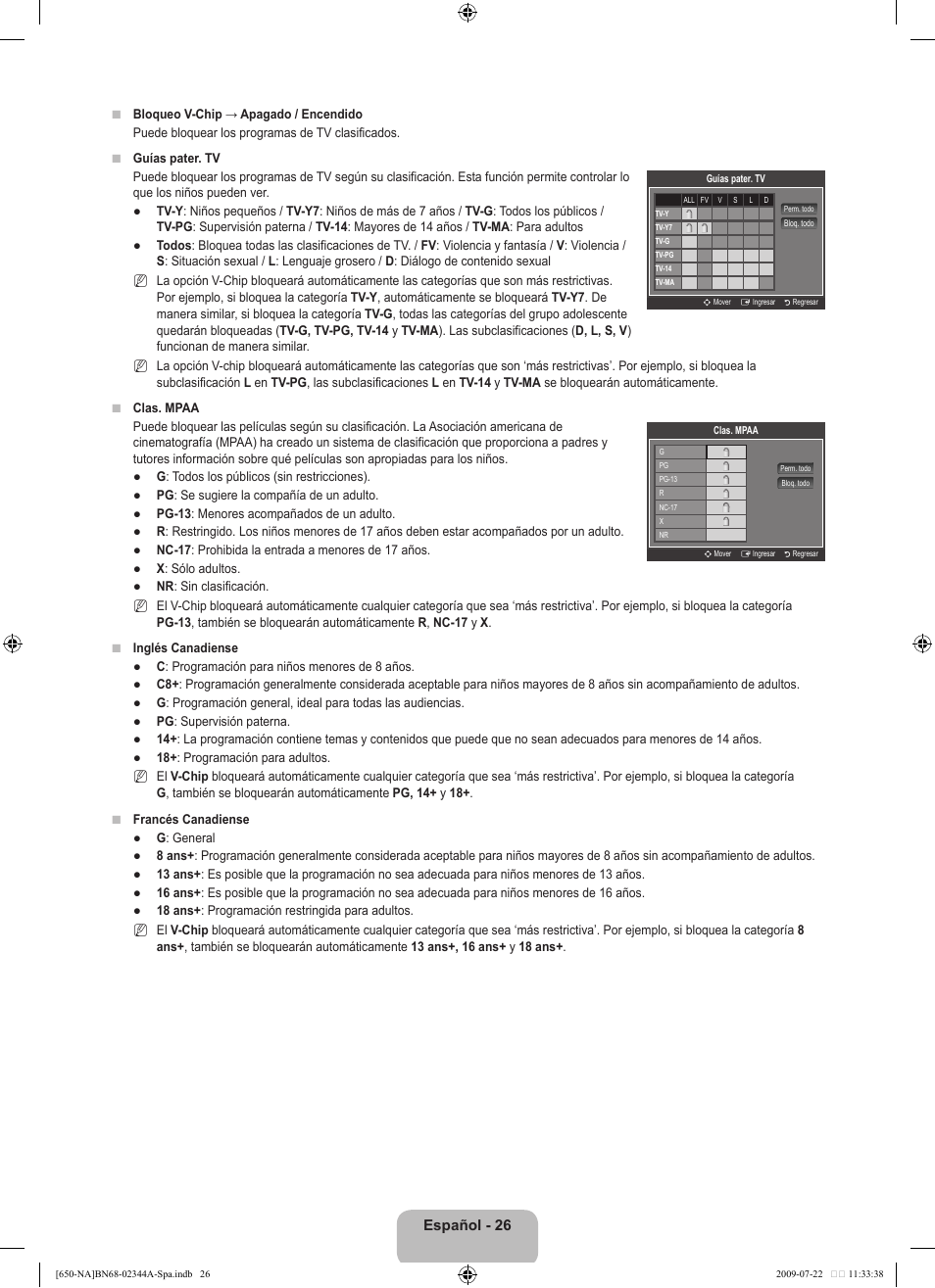 Español - 26 | Samsung LN65B650X1FXZA User Manual | Page 132 / 286