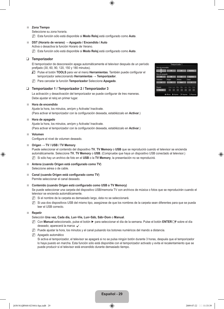 Español - 29, Temporizador, Temporizador 1 / temporizador 2 / temporizador | Samsung LN65B650X1FXZA User Manual | Page 135 / 286