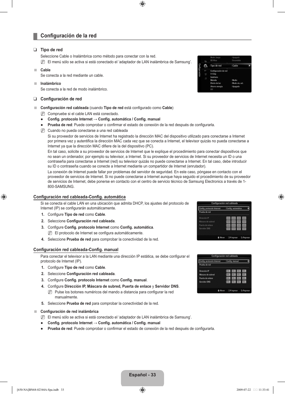Configuración de la red, Español, Tipo de red | Configuración de red, Configuración red cableada-config. automática, Configuración red cableada-config. manual, N● ● n n n | Samsung LN65B650X1FXZA User Manual | Page 139 / 286