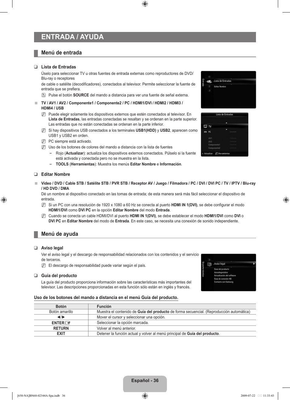 Entrada / ayuda, Menú de entrada, Menú de ayuda | Samsung LN65B650X1FXZA User Manual | Page 142 / 286