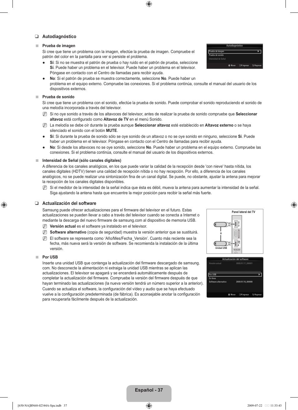 Español - 7 autodiagnóstico, Actualización del software | Samsung LN65B650X1FXZA User Manual | Page 143 / 286