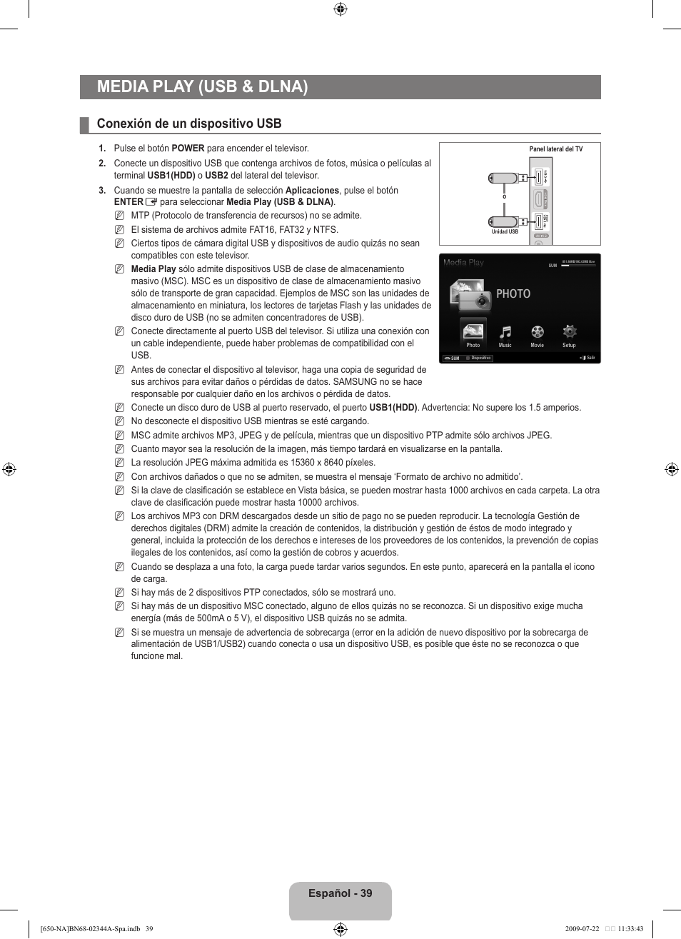 Media play (usb & dlna), Conexión de un dispositivo usb, Photo | Samsung LN65B650X1FXZA User Manual | Page 145 / 286