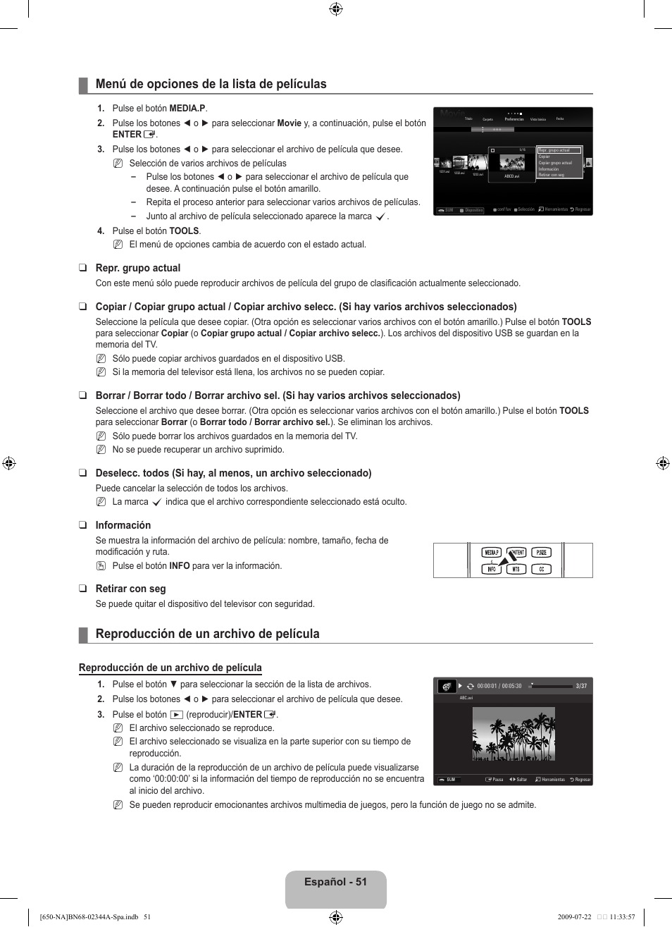 Menú de opciones de la lista de películas, Reproducción de un archivo de película, Español - 1 | Repr. grupo actual, Información, Retirar con seg | Samsung LN65B650X1FXZA User Manual | Page 157 / 286