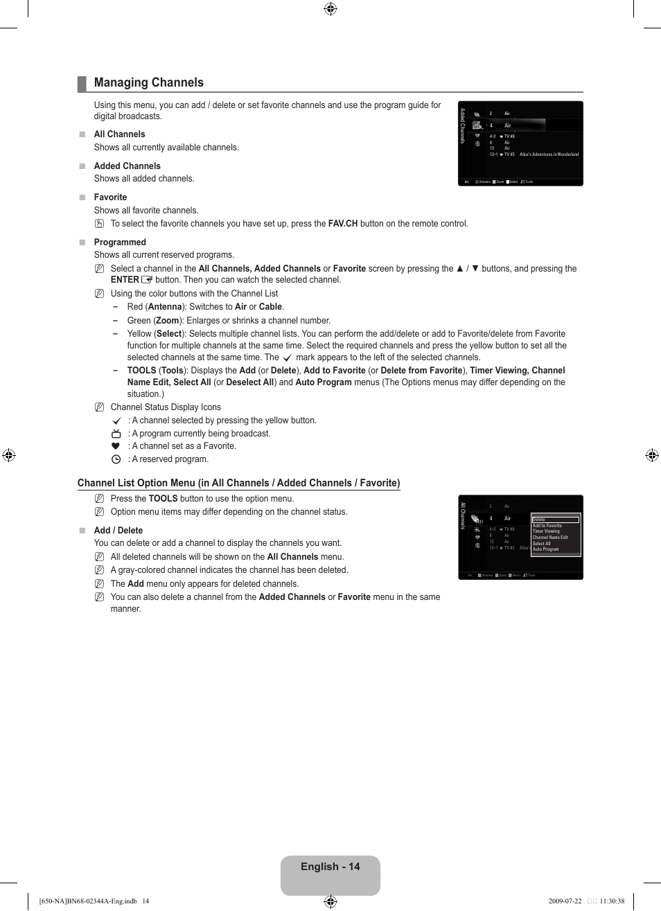 Managing channels, English - 14 | Samsung LN65B650X1FXZA User Manual | Page 16 / 286