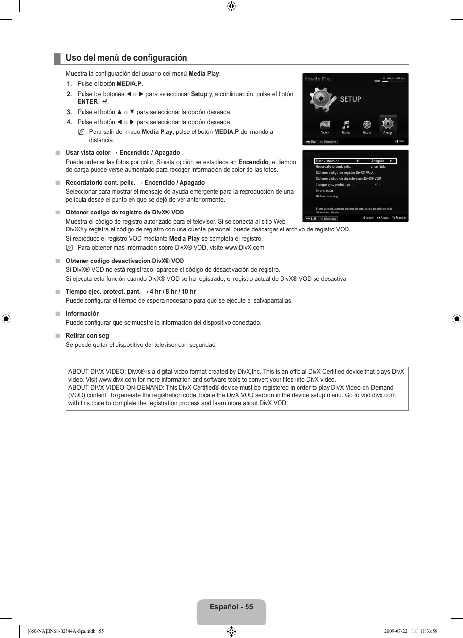 Uso del menú de configuración, Setup, Español | Samsung LN65B650X1FXZA User Manual | Page 161 / 286