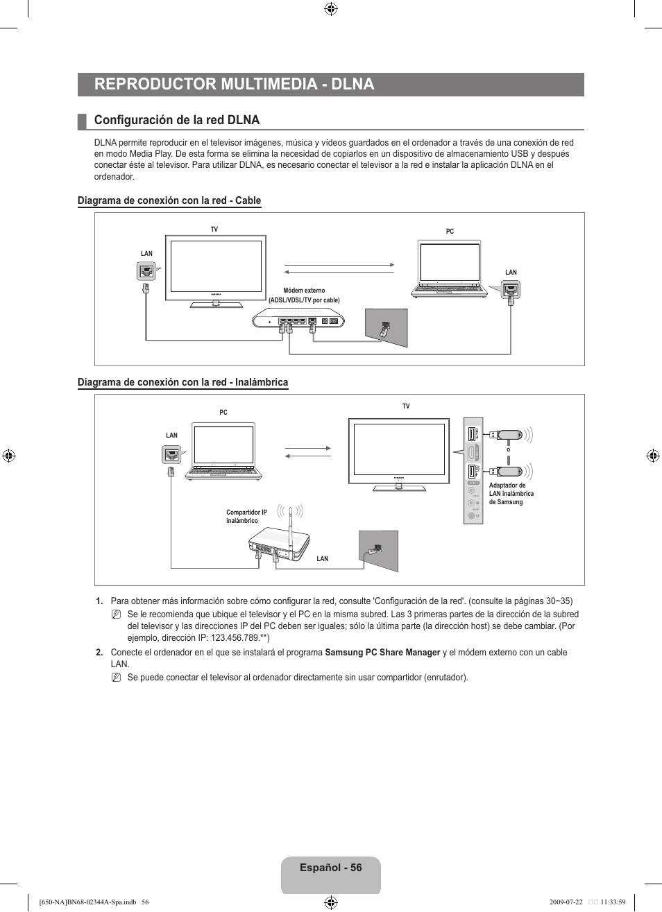 Reproductor multimedia - dlna, Configuración de la red dlna | Samsung LN65B650X1FXZA User Manual | Page 162 / 286