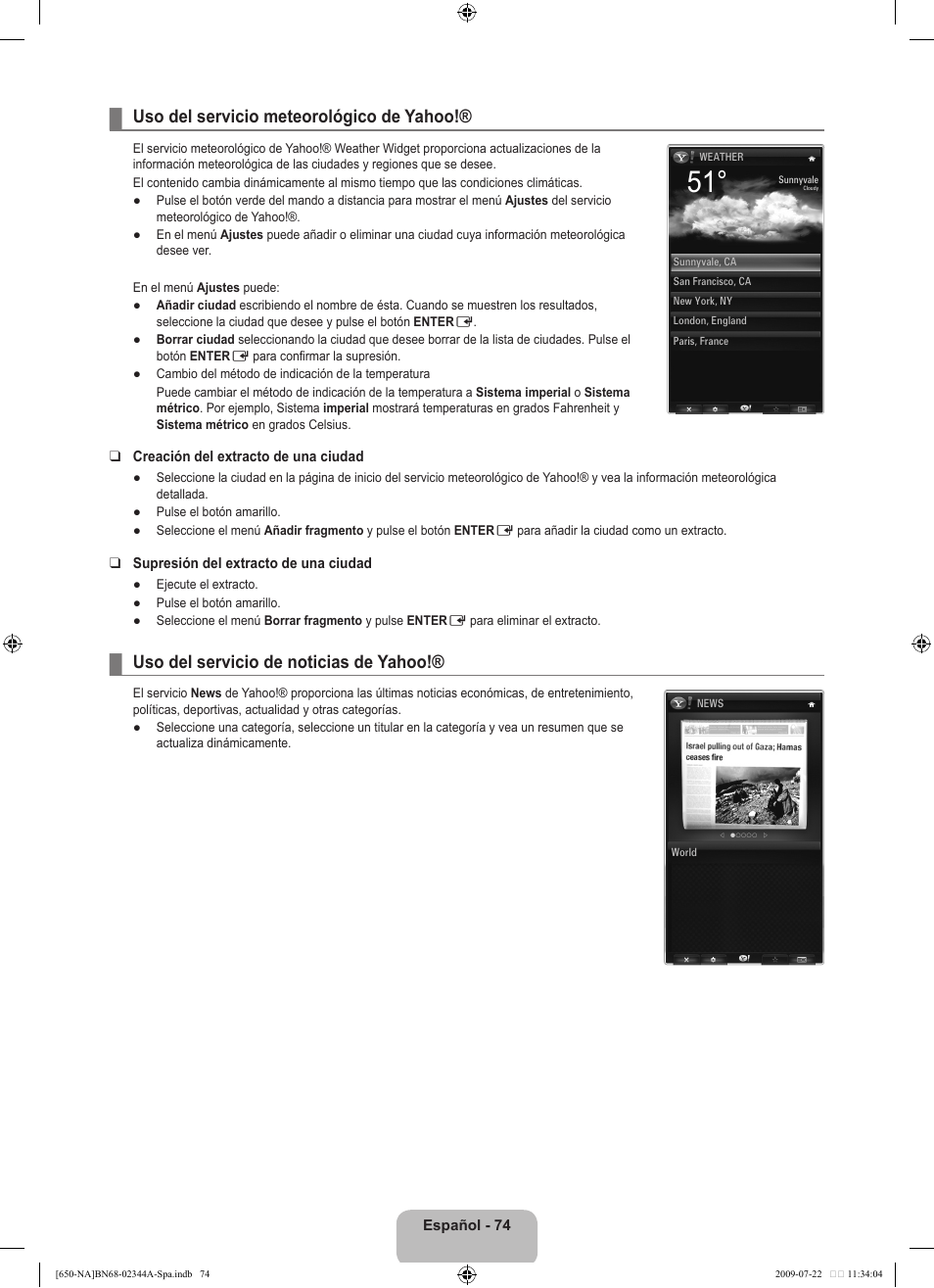 Uso del servicio meteorológico de yahoo, Uso del servicio de noticias de yahoo | Samsung LN65B650X1FXZA User Manual | Page 180 / 286