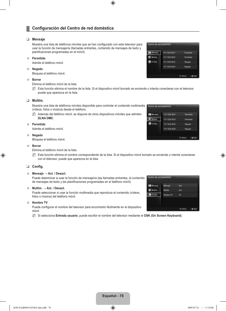 Configuración del centro de red doméstica, Español - 78, Mensaje | Multim, Config | Samsung LN65B650X1FXZA User Manual | Page 184 / 286