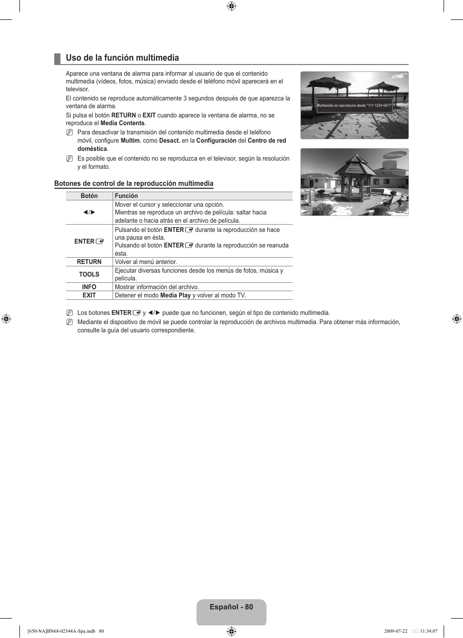 Uso de la función multimedia | Samsung LN65B650X1FXZA User Manual | Page 186 / 286