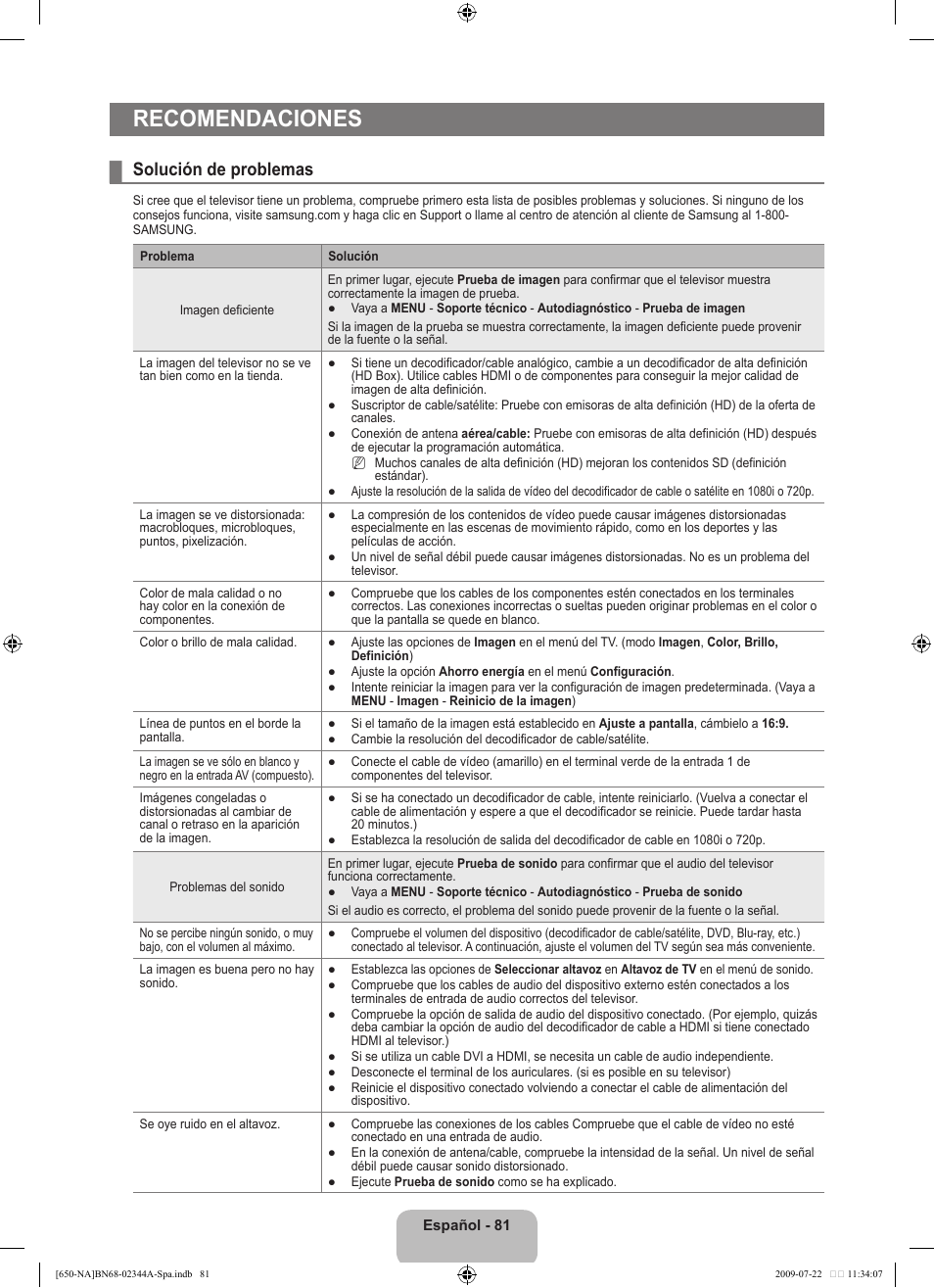 Recomendaciones, Solución de problemas | Samsung LN65B650X1FXZA User Manual | Page 187 / 286