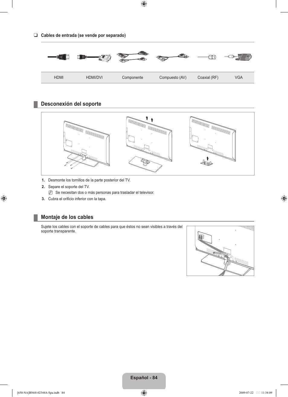 Desconexión del soporte, Montaje de los cables | Samsung LN65B650X1FXZA User Manual | Page 190 / 286