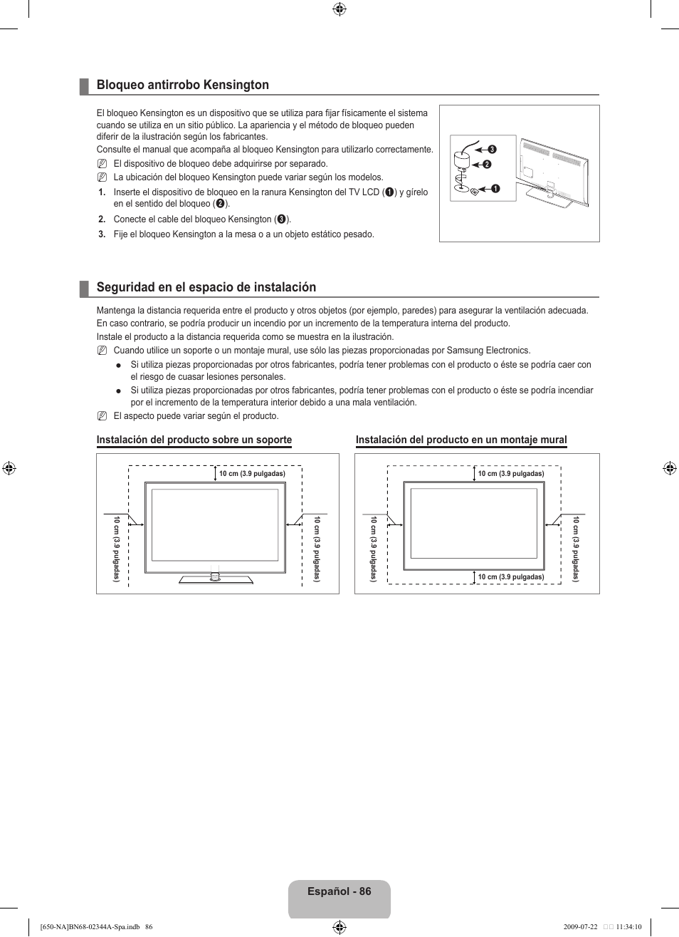 Bloqueo antirrobo kensington, Seguridad en el espacio de instalación | Samsung LN65B650X1FXZA User Manual | Page 192 / 286