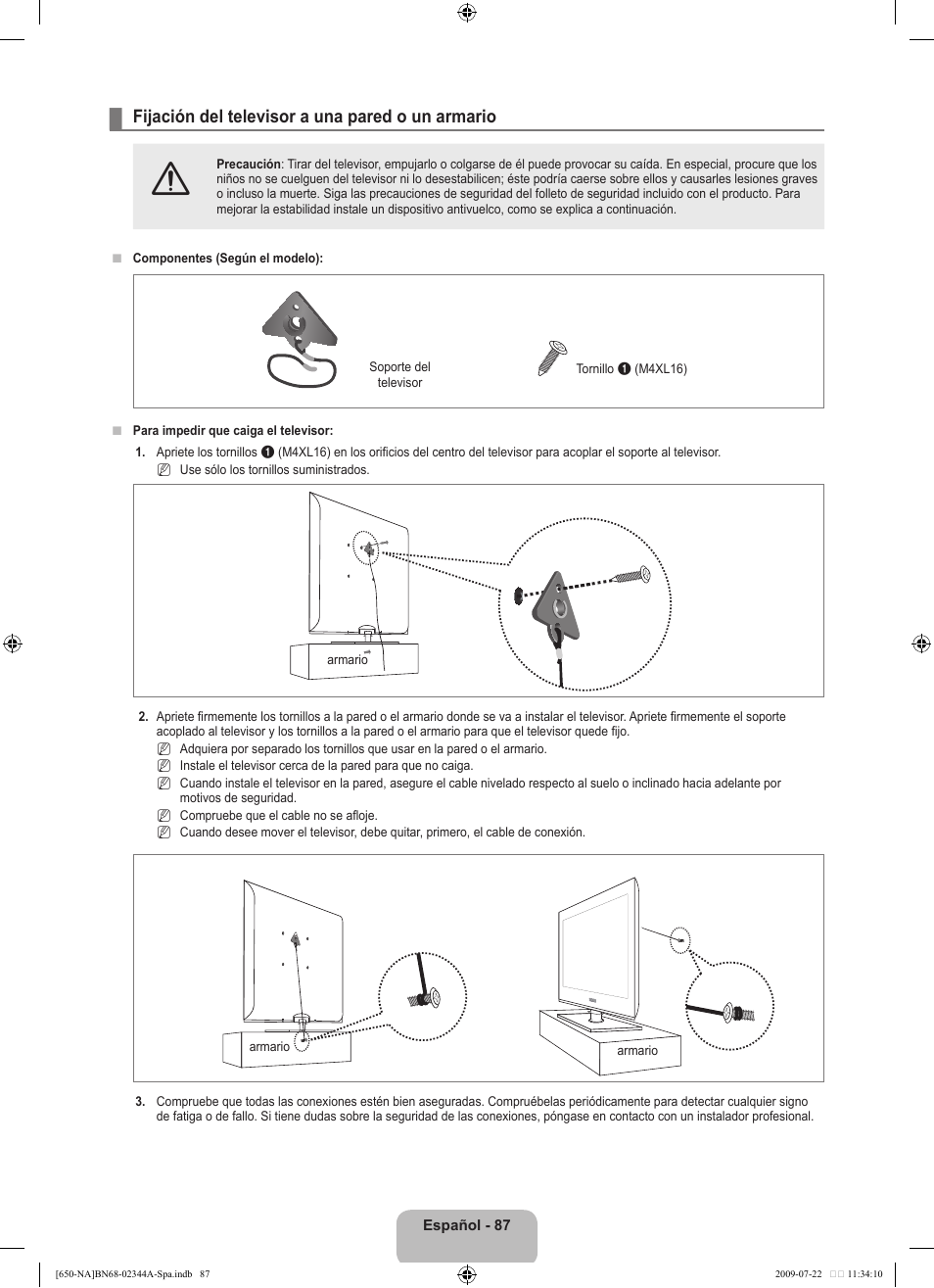 Fijación del televisor a una pared o un armario | Samsung LN65B650X1FXZA User Manual | Page 193 / 286
