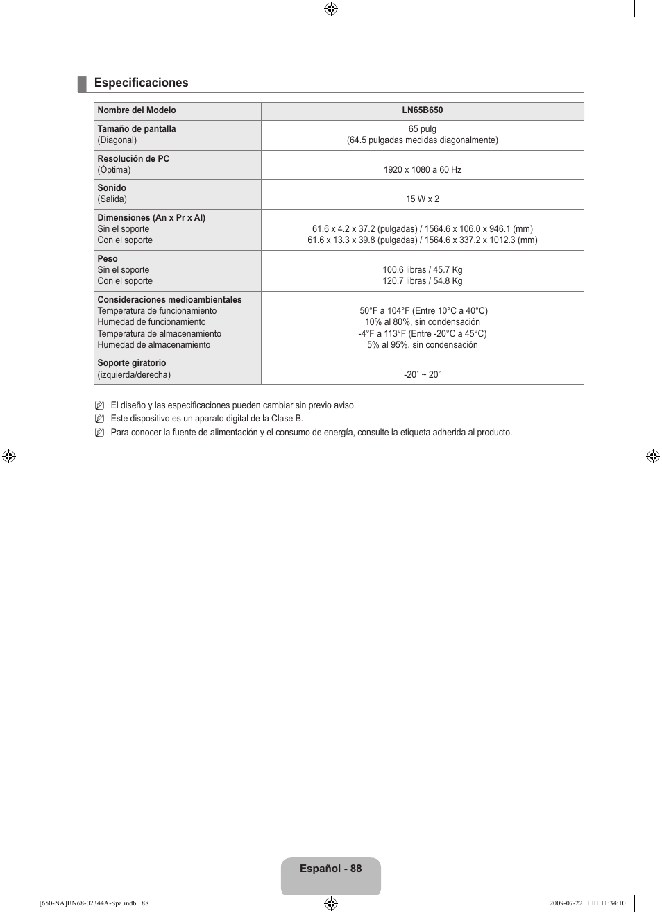Especificaciones | Samsung LN65B650X1FXZA User Manual | Page 194 / 286