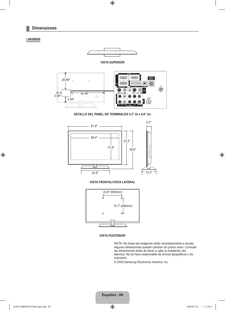 Dimensiones | Samsung LN65B650X1FXZA User Manual | Page 195 / 286