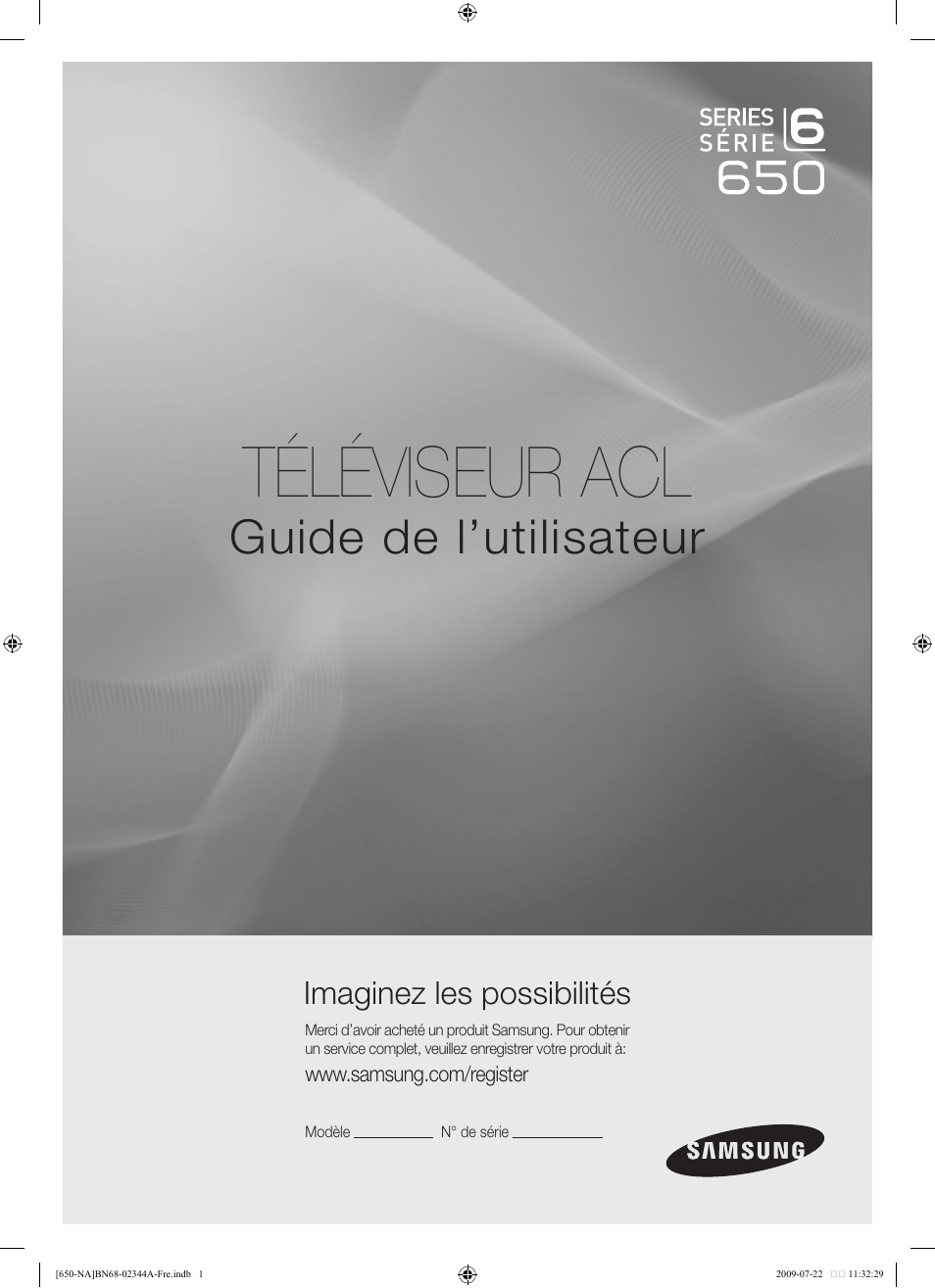 Téléviseur acl, Guide de l’utilisateur, Imaginez les possibilités | Samsung LN65B650X1FXZA User Manual | Page 196 / 286