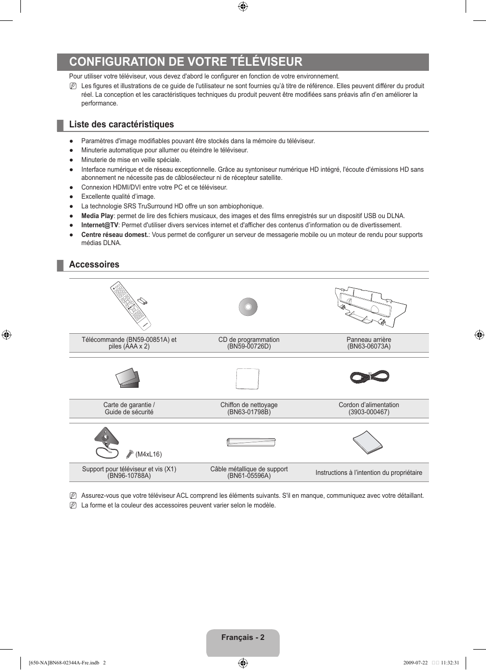 Configuration de votre téléviseur, Liste des caractéristiques, Accessoires | Samsung LN65B650X1FXZA User Manual | Page 199 / 286