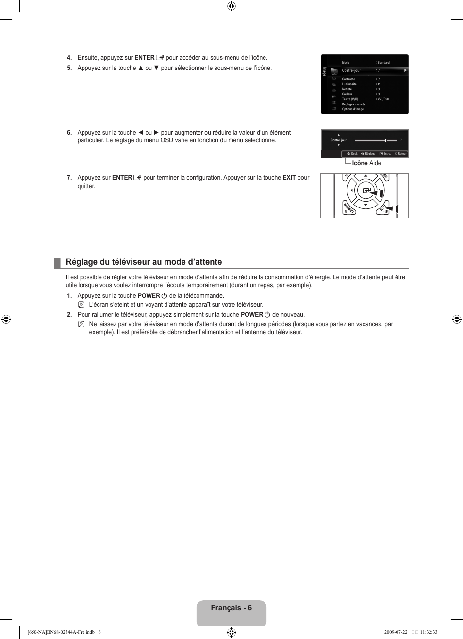 Réglage du téléviseur au mode d’attente, Français - 6 | Samsung LN65B650X1FXZA User Manual | Page 203 / 286