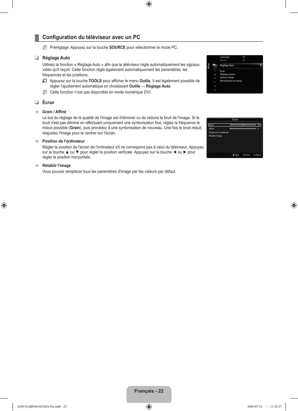 Configuration du téléviseur avec un pc, Français - 22, Réglage auto | Écran | Samsung LN65B650X1FXZA User Manual | Page 219 / 286