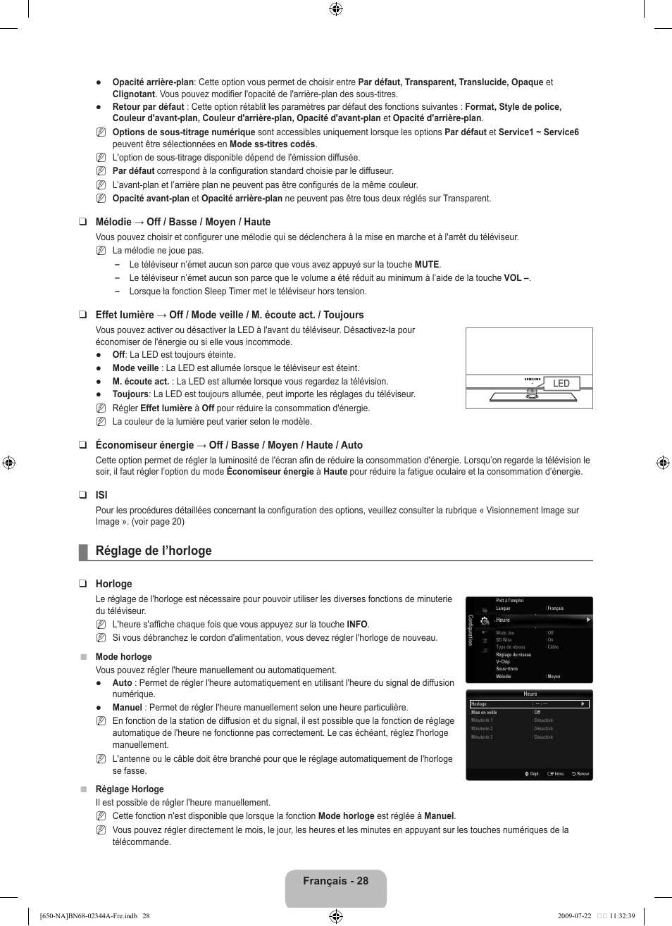 Réglage de l’horloge | Samsung LN65B650X1FXZA User Manual | Page 225 / 286