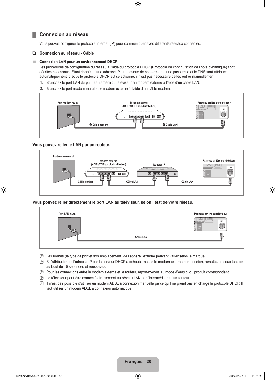 Connexion au réseau | Samsung LN65B650X1FXZA User Manual | Page 227 / 286