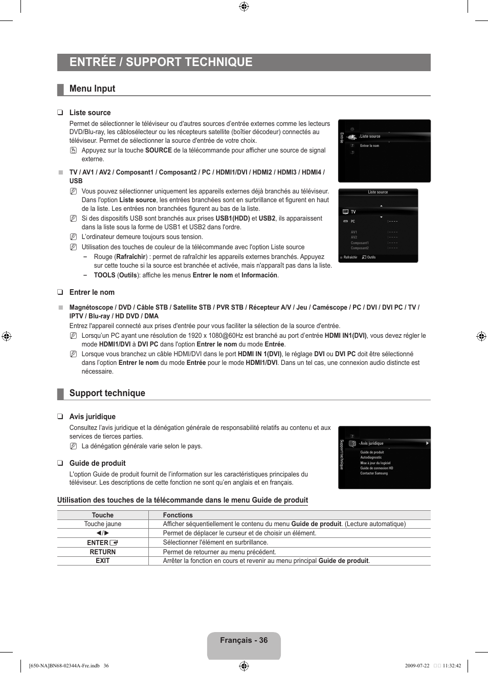 Entrée / support technique, Menu input, Support technique | Samsung LN65B650X1FXZA User Manual | Page 233 / 286
