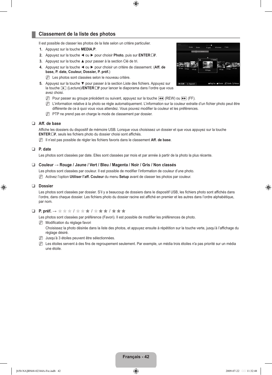 Classement de la liste des photos | Samsung LN65B650X1FXZA User Manual | Page 239 / 286