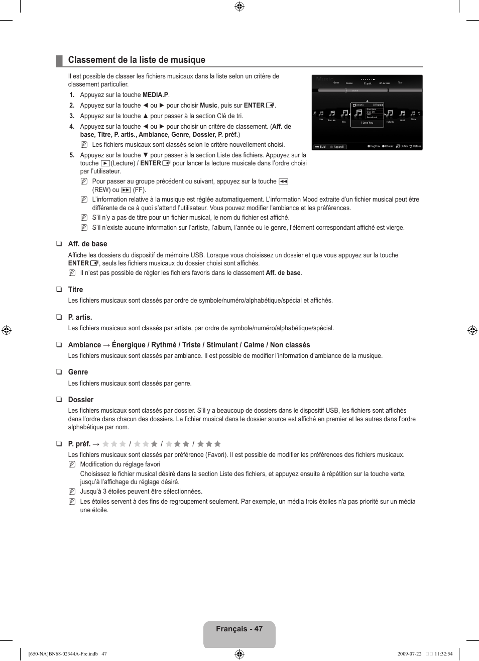 Classement de la liste de musique, Français - 47, Aff. de base | Titre, P. artis, Genre, Dossier, P. préf. → fff / ff f / f ff / fff | Samsung LN65B650X1FXZA User Manual | Page 244 / 286