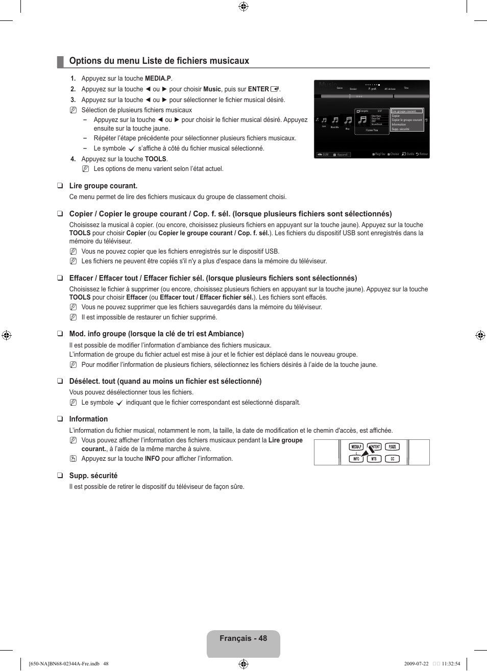 Options du menu liste de fichiers musicaux, Français - 48, Lire groupe courant | Information, Supp. sécurité | Samsung LN65B650X1FXZA User Manual | Page 245 / 286