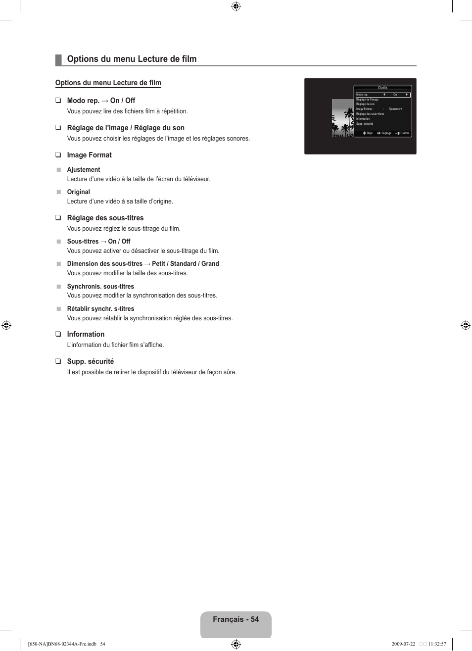Options du menu lecture de film | Samsung LN65B650X1FXZA User Manual | Page 251 / 286