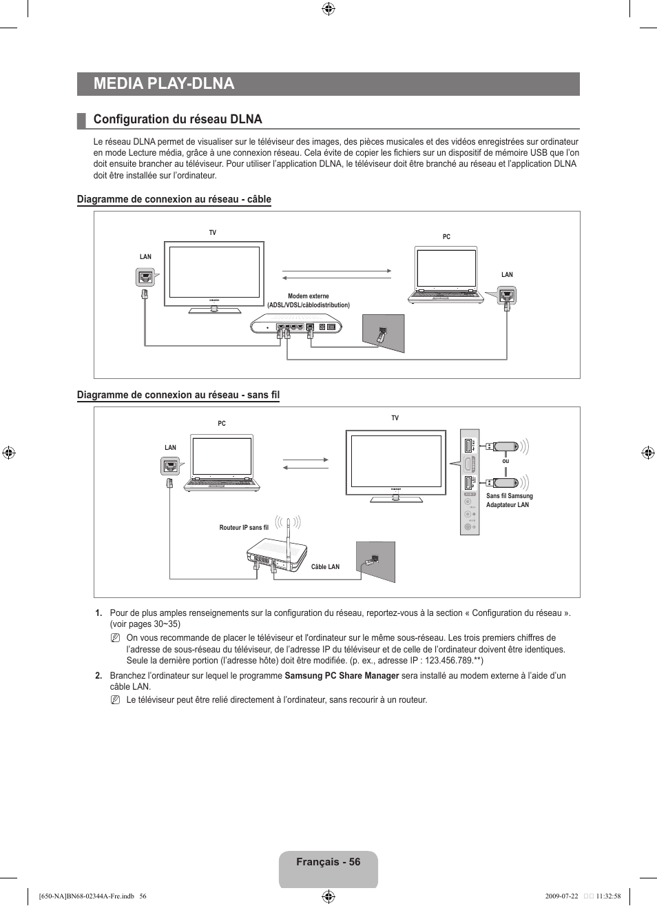 Media play-dlna, Configuration du réseau dlna | Samsung LN65B650X1FXZA User Manual | Page 253 / 286