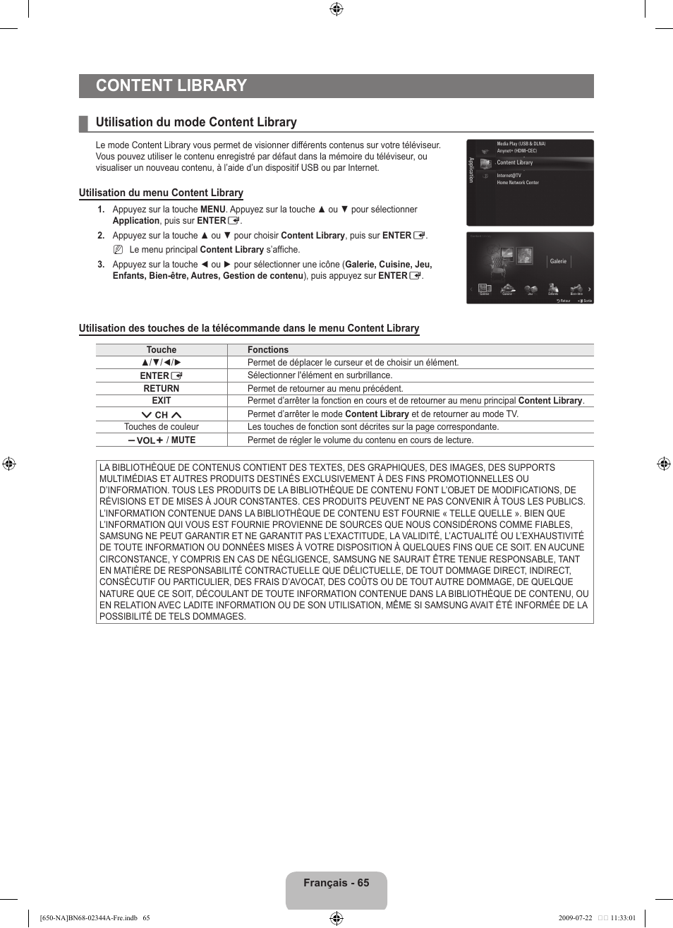 Content library, Utilisation du mode content library | Samsung LN65B650X1FXZA User Manual | Page 262 / 286