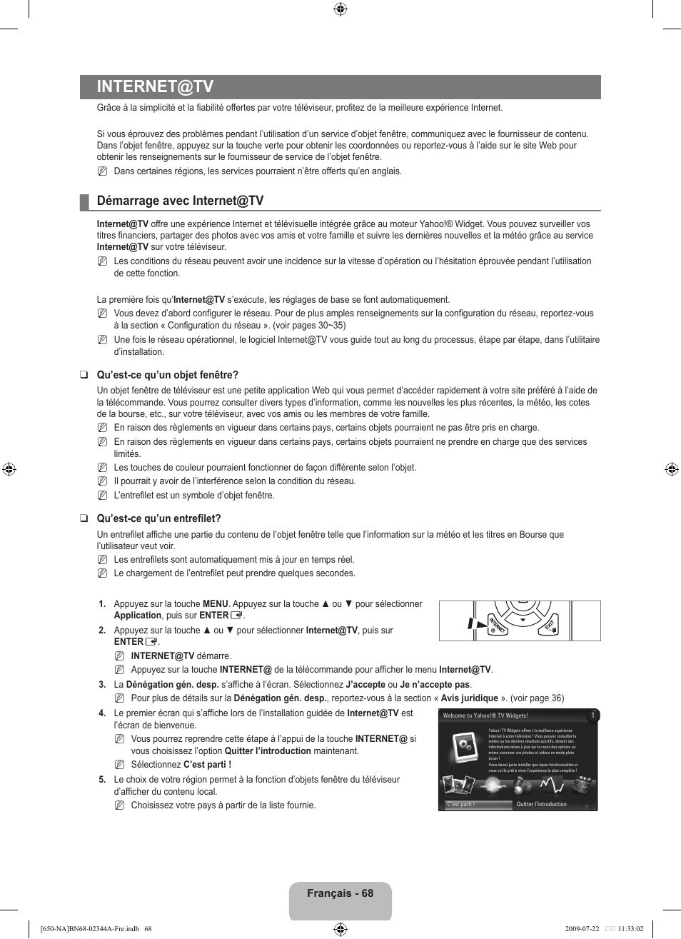 Internet@tv, Démarrage avec internet@tv | Samsung LN65B650X1FXZA User Manual | Page 265 / 286