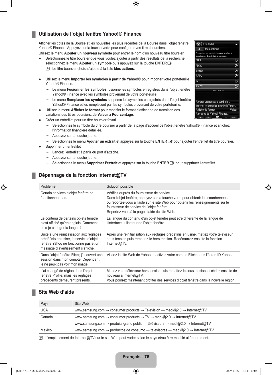 Utilisation de l’objet fenêtre yahoo!® finance, Dépannage de la fonction internet@tv, Site web d’aide | Samsung LN65B650X1FXZA User Manual | Page 273 / 286