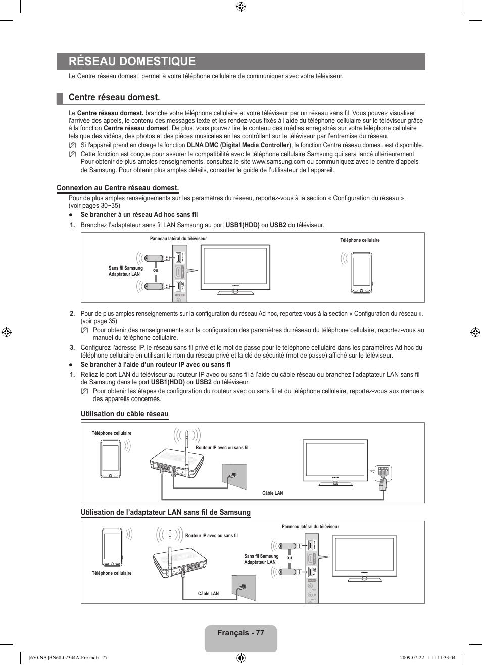 Réseau domestique, Centre réseau domest | Samsung LN65B650X1FXZA User Manual | Page 274 / 286