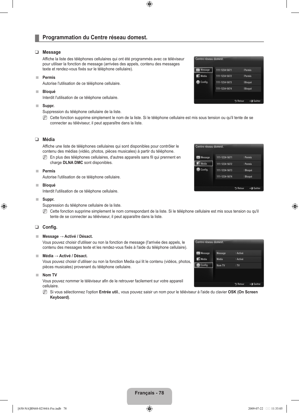 Programmation du centre réseau domest, Français - 78, Message | Média, Config | Samsung LN65B650X1FXZA User Manual | Page 275 / 286