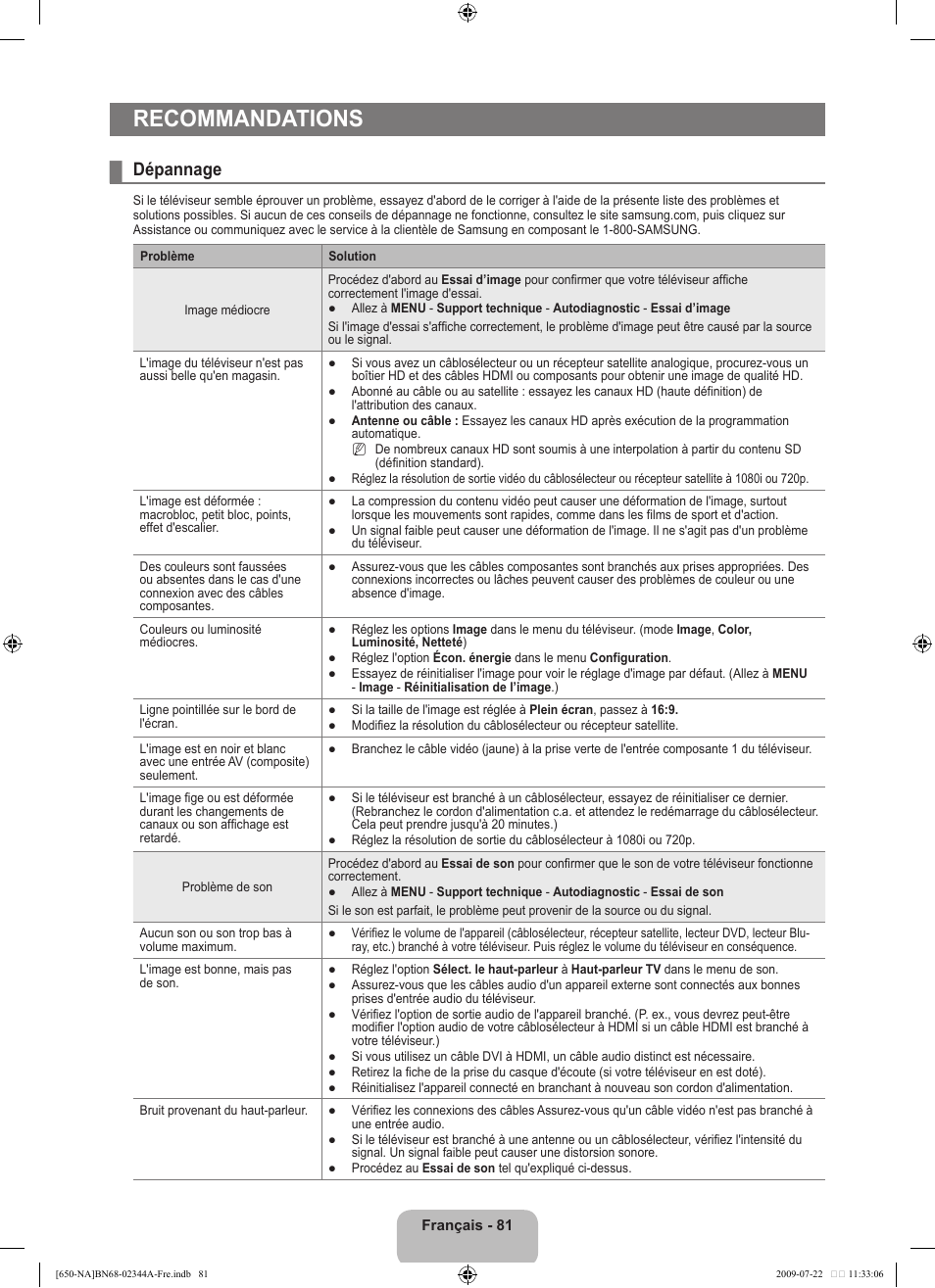 Recommandations, Dépannage | Samsung LN65B650X1FXZA User Manual | Page 278 / 286