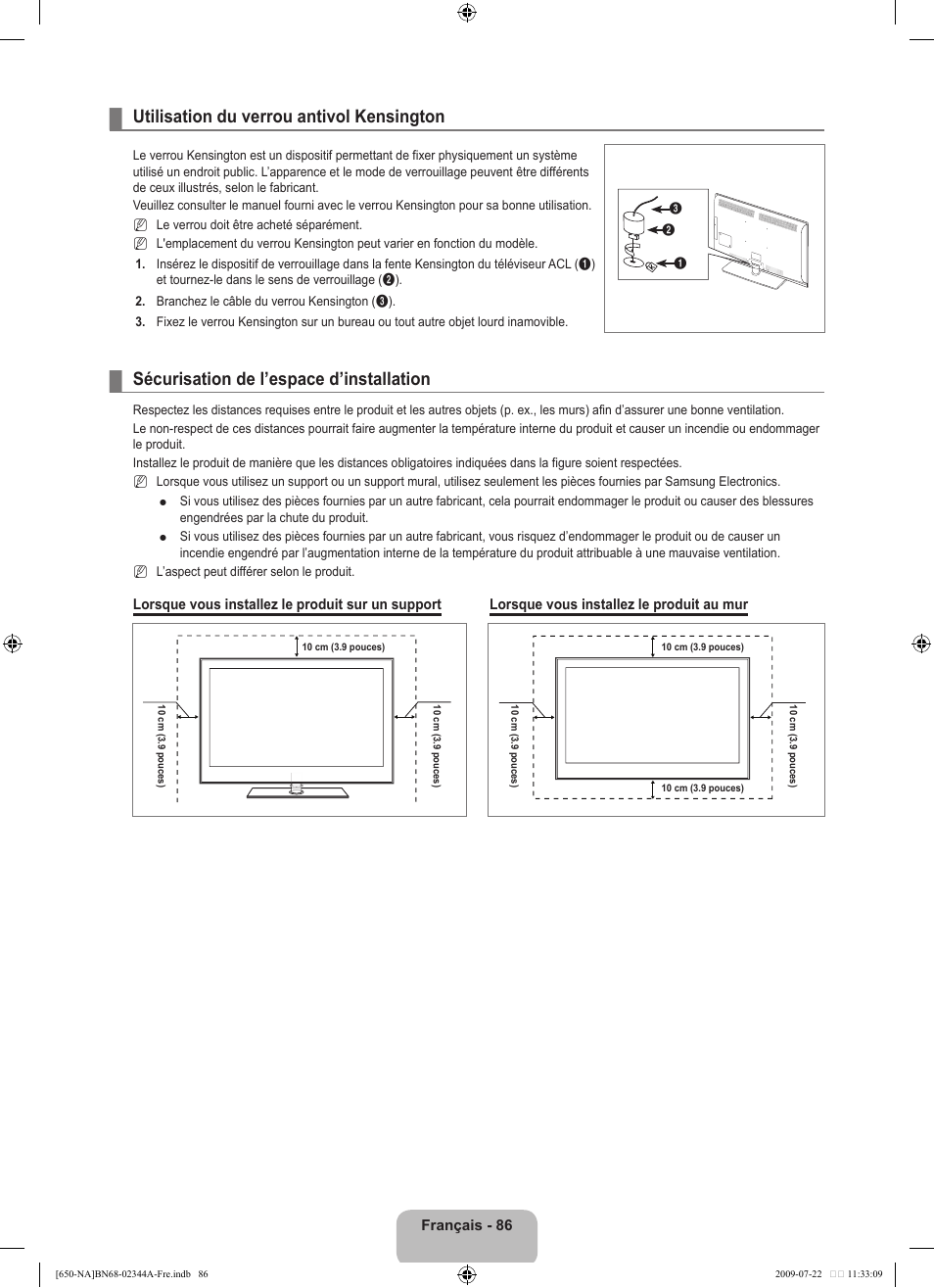 Utilisation du verrou antivol kensington, Sécurisation de l’espace d’installation | Samsung LN65B650X1FXZA User Manual | Page 283 / 286