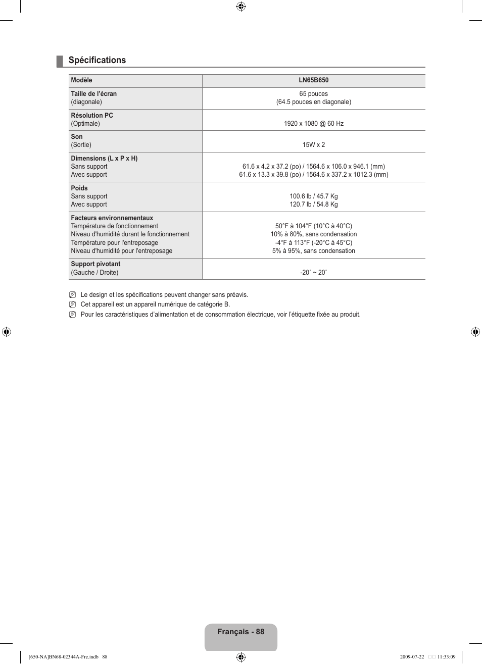 Spécifications | Samsung LN65B650X1FXZA User Manual | Page 285 / 286